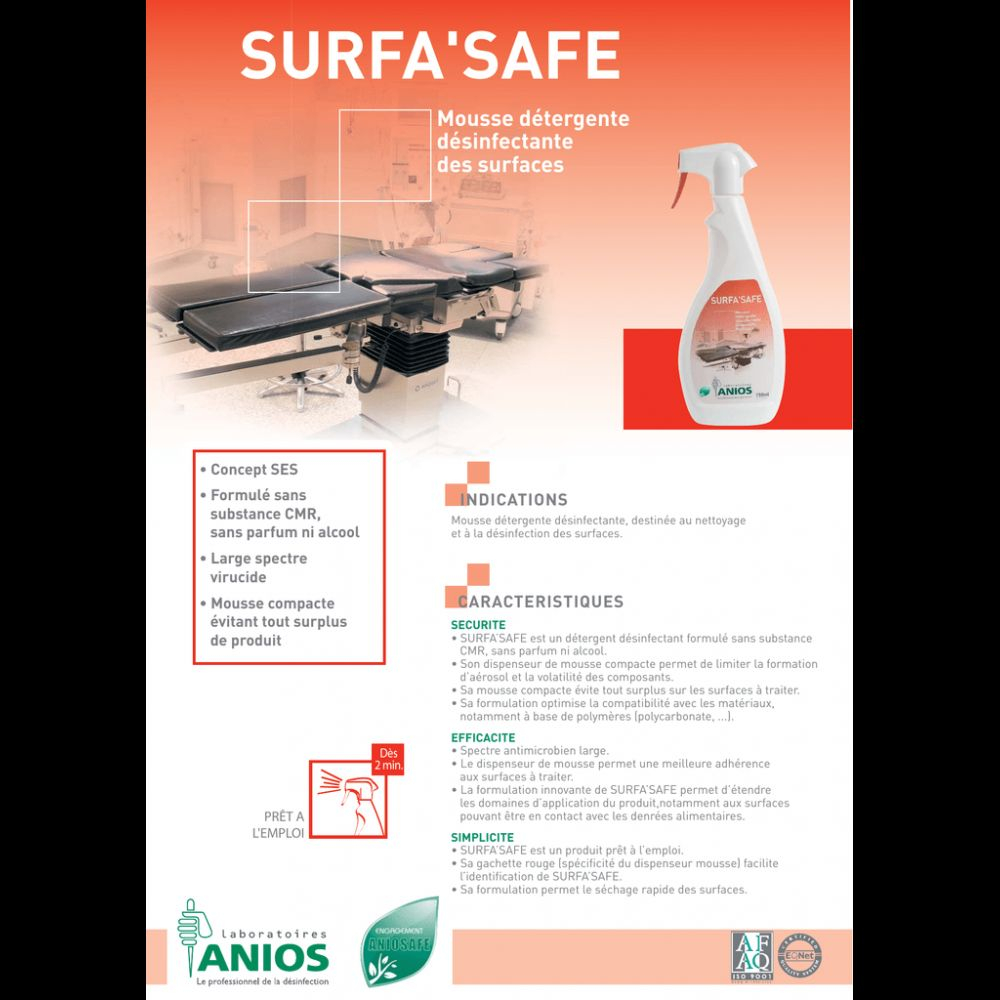Nettoyage Désinfection Surfa Safe Premium Anios - Flacon 750 ml